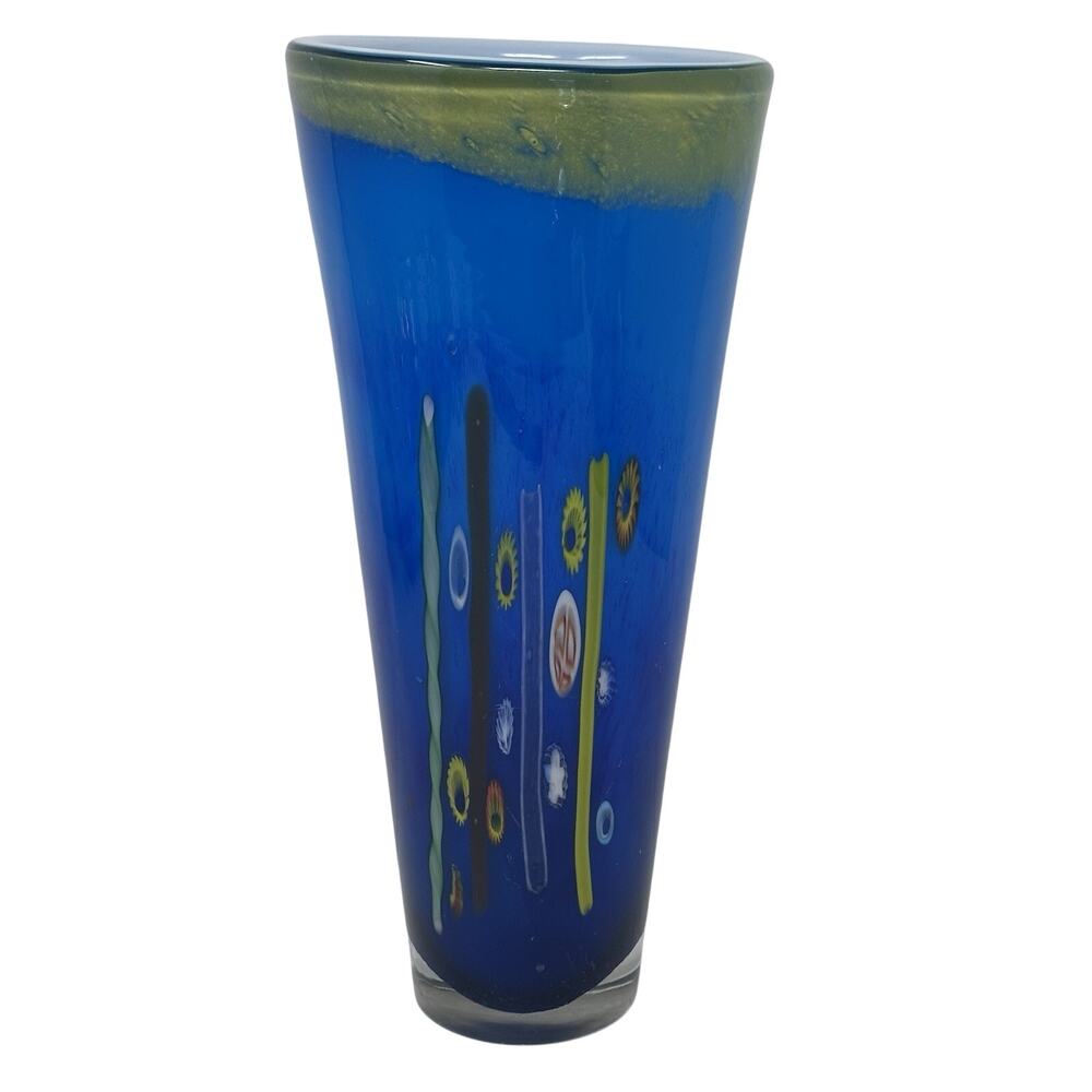 Venetian Blue Murano Italy Blown Art Glass Millefiori Vase By Dino Marten 11.5โ